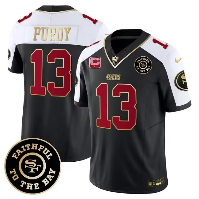 Men's San Francisco 49ers #13 Brock Purdy White balck 2023 F.U.S.E. With 1-Star C Patch and Faithful To The Bay Patch Stitched Football Jersey Men's San Francisco 49ers #13 Brock Purdy White balck 2023 F.U.S.E. With 1-Star C Patch and Faithful To The Bay Patch Stitched Football Jersey